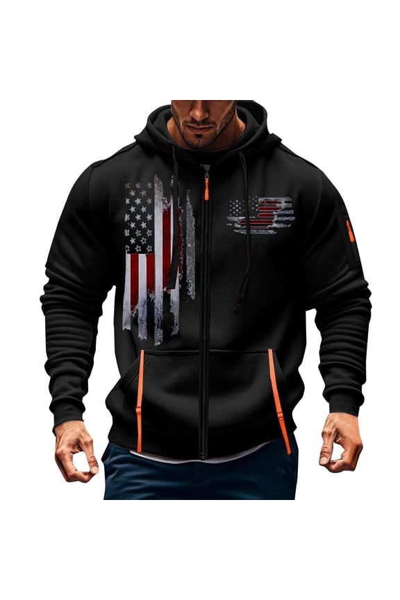 Zipper Hoodies for Men Graphic American Flag Workout Hooded Sweatshirts Long Sleeve Athletic Jacket with Pockets Black XL