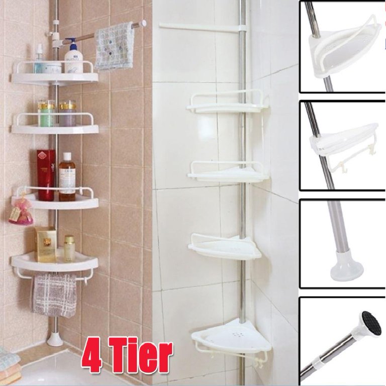4 Tier Shower Caddy Tension Pole Corner Shelf Rack Bathtub Organizer Shower  Rod