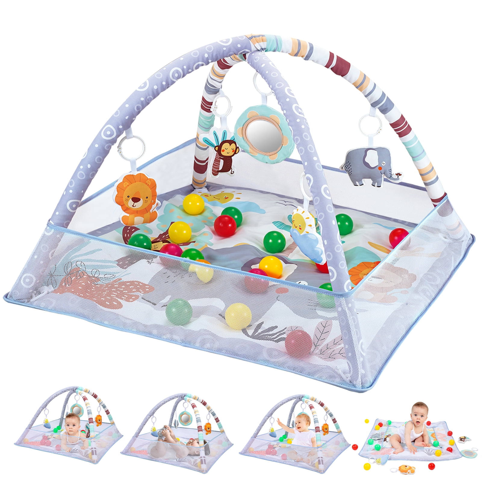 Five photos of a baby play mat with accessories