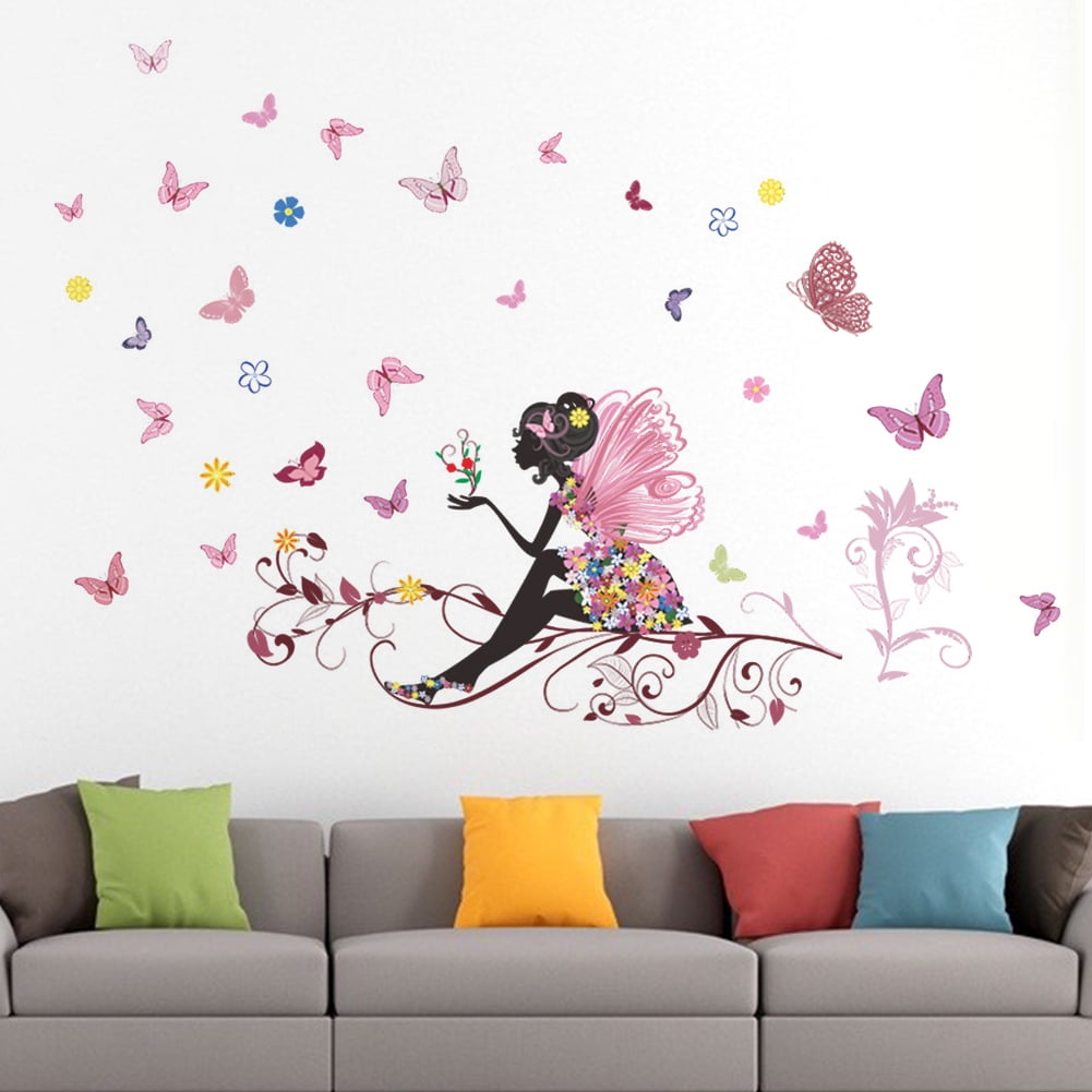 YLSHRF PVC Wall Sticker Fairy Flower Butterfly Vinyl Art Decal Girl ...