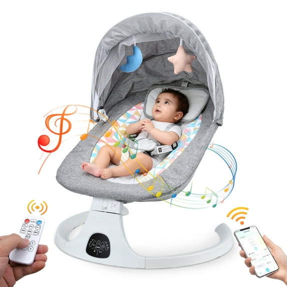 Baby Swing with Bluetooth Remote, 5-Speed Gentle Rocking, Portable Infant Swing for Newborn 0-12M up to 26lbs, Gray