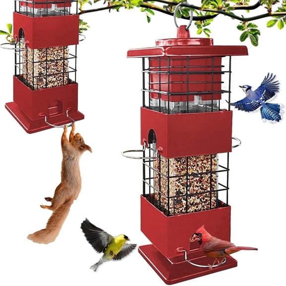 YLTIMER Squirrel Proof Bird Feeder, 3.5lb Metal BirdFeeders for Outdoors Hanging with Detachable Roof, Gravity Protection Wild Birds Seed Feeders for Cardinal Blue Jay Outside Red