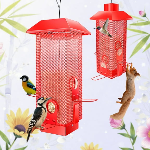 YLTIMER Squirrel Proof Bird Feeder, Metal BirdFeeders for Outdoors Hanging with Detachable Roof, 2.2lb Gravity Protection Wild Birds Seed Feeders for Cardinal Blue Jay Outside