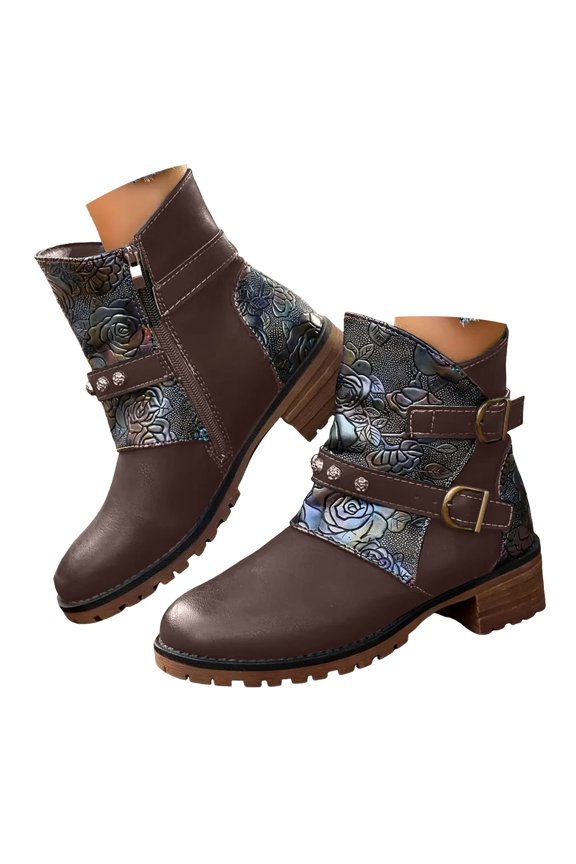 2025 Women Ankle Boots Chunky Heel Side Zipper Non Slip Vintage Western Fall Winter Combat Booties