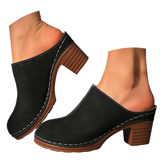 YLYL 2026 Women Backless Clog Shoes Chunky Mid Heel Closed Toe Slip on Fashion Casual Mules Slippers