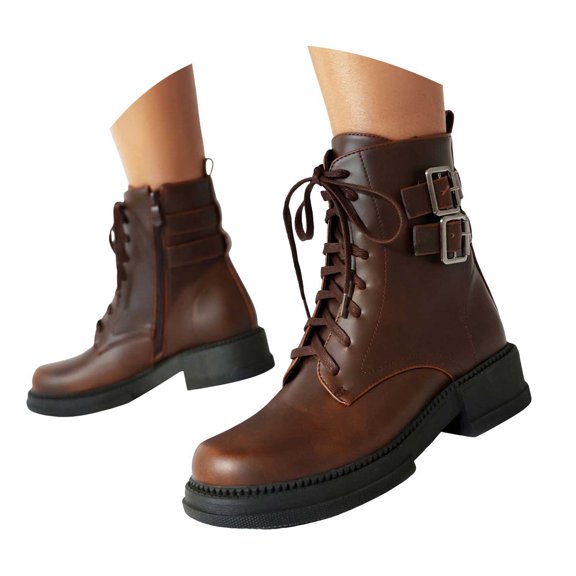 YLYL Ankle Booties for Women Buckle Strap Chunky Heel Lace up Fashion Motorcycle Combat Boots