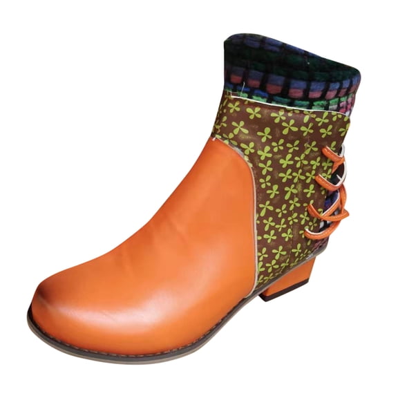YLYL Ankle Boots for Women Ethnic Boho Leather Round Toe Lace up Block Mid Heels Retro Dress Short Boots with Side Zipper