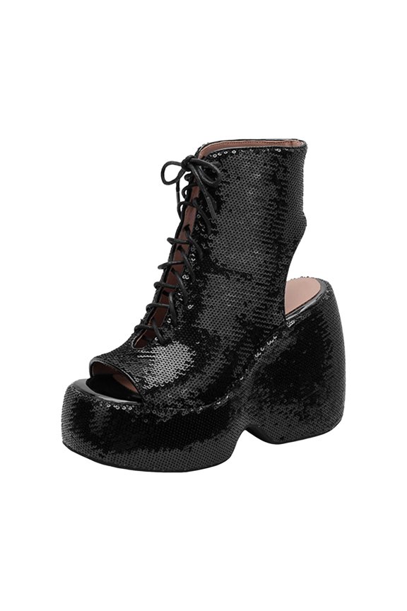Ankle Boots for Women Glitter Sequins Platform Chunky Heel Open Toe Fashion Punk Gothic Booties