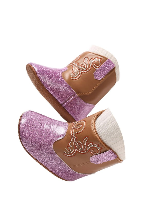 Baby Girls Embroidery Western Cowgirl Boots Infant Sequin Leather Cowboy Booties Round Toe Ankle High Hook and Loop Shoes