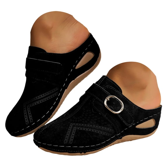 YLYL Backless Mules for Women with Adjustable Hook Loop Wedge Heel Arch Support Comfort Slip on Shoes