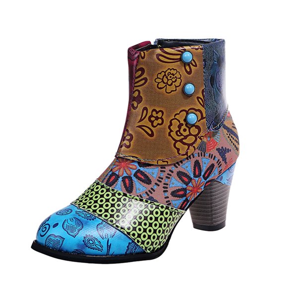 YLYL Boots for Women Leather Heels Ethnic Style Retro Floral Print Side Zipper Pointed Toe Ankle Booties