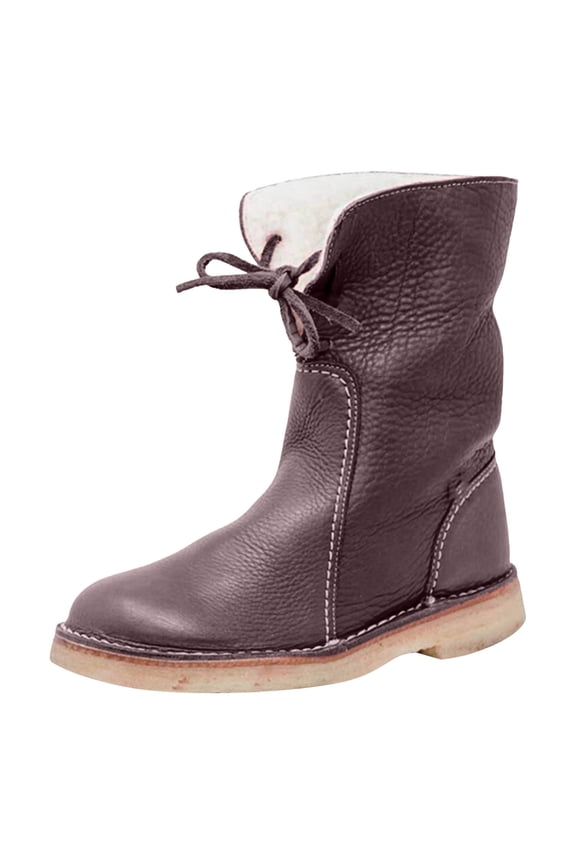 Women Winter Snow Boots PU Leather Warm Fur Lined Lace up Fashion Mid Calf Combat Boots