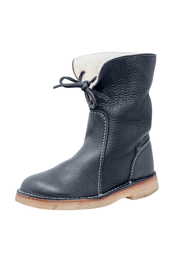 Women Winter Snow Boots PU Leather Warm Fur Lined Lace up Fashion Mid Calf Combat Boots