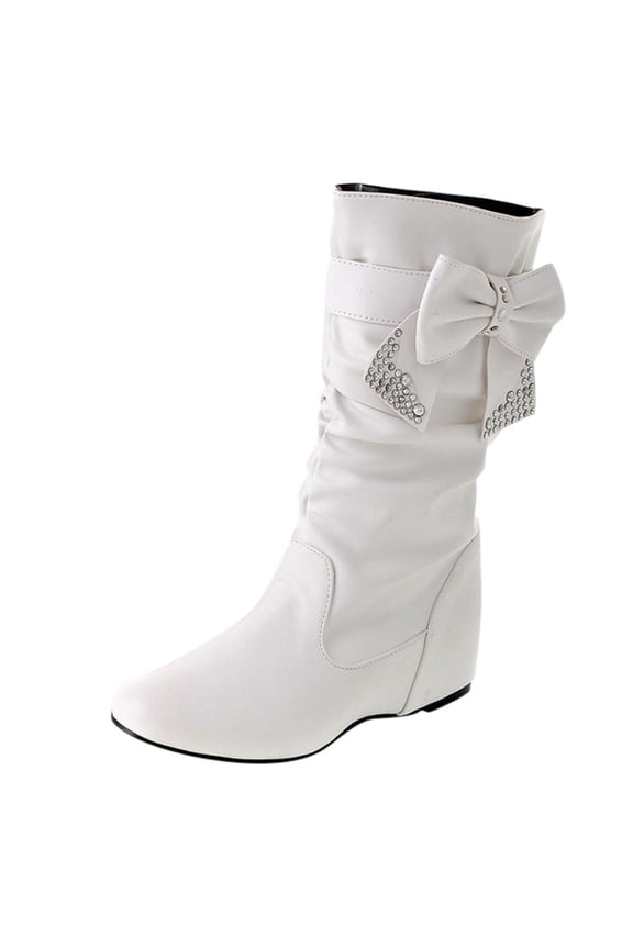 Bow Leather Mid Calf Boots for Women Low Heels Rhinestone Pointed Toe Slip on Hidden Wedge Knee High Comfort Party Booties