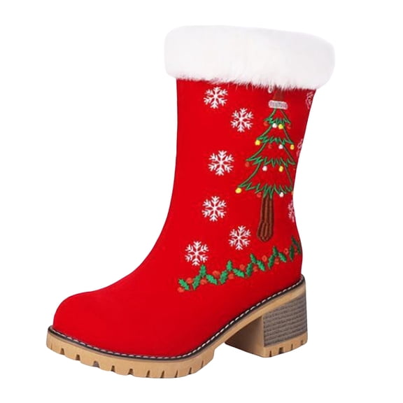 YLYL Christmas Women Mid Calf Boots Embroidery Fur Lined Chunky Block Heel Slip on Winter Snow Boots