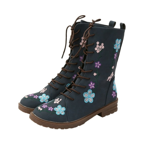 YLYL Combat Boots for Women Flower Design Lace up Leather Block Mid Heels Boho Retro Casual Round Toe Riding Short Booties