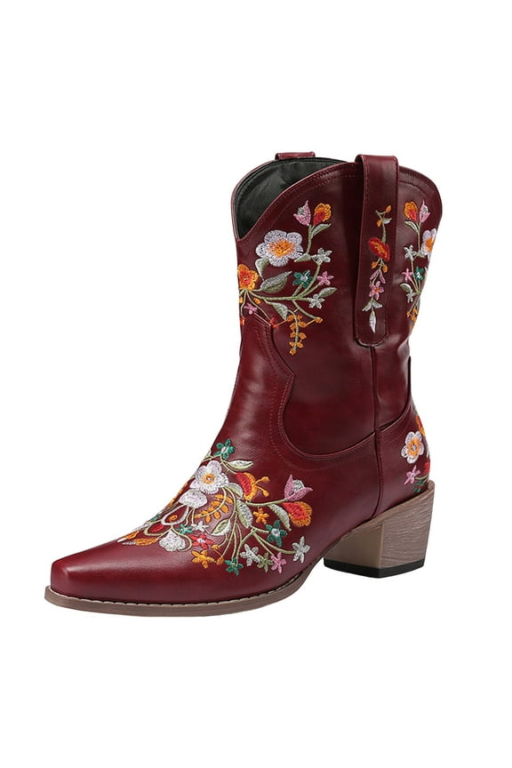 Cowboy Boots for Women Ankle Cowgirl Boots Western Flower Embroidered Heel Stitched Retro Boots