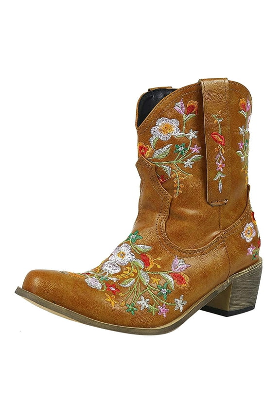 Cowboy Boots for Women Ankle Cowgirl Floral Embroidery Stitched Heel Pointy Toe Retro Western Boots