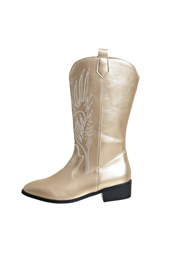 Cowboy Boots for Women Embroidered Cowgirl Chunky Heel Pull on Western Fashion Mid Calf Boots