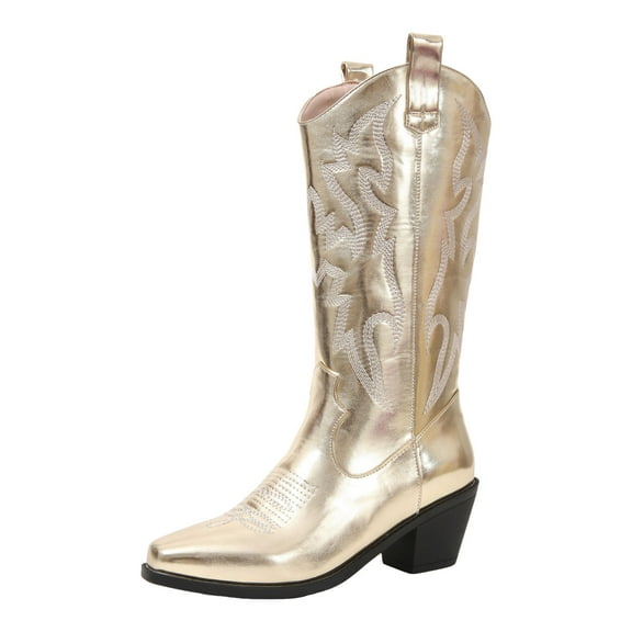 YLYL Cowboy Boots for Women Knee High Cowgirl Embroidered Stitched Pointed Toe Comfort Block Heel Western Boots