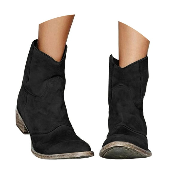 YLYL Cowboy Boots for Women Low Heel Suede Ankle Round Toe Short Slip on Fashion Retro Back Zipper Mid Calf Booties