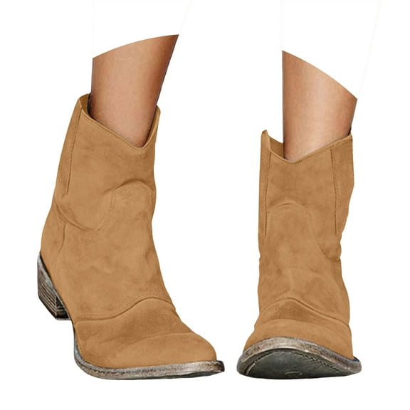YLYL Cowboy Boots for Women Low Heel Suede Ankle Round Toe Short Slip on Fashion Retro Back Zipper Mid Calf Booties