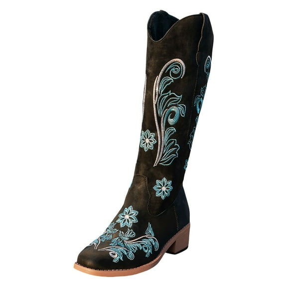 YLYL Women's Knee High Boots Floral Embroidery Chunky Heel Square Toe Pull on Western Cowgirl Cowboy Boots