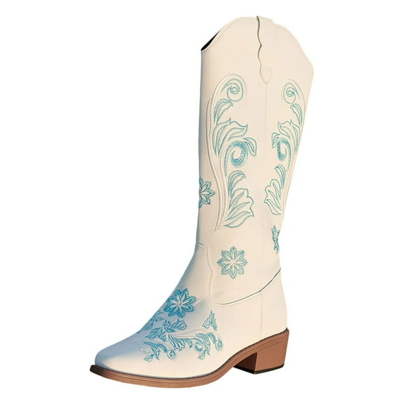 YLYL Women's Knee High Boots Floral Embroidery Chunky Heel Square Toe Pull on Western Cowgirl Cowboy Boots