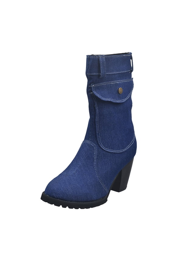 Cowboy Boots for Women Zipper Round Toe Thick High Heel Slip-On Retro Winter Rome Boots
