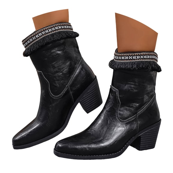 YLYL Women's Mid Calf Boots Block Heel Ethnic Style Cowgirl Shoes Pointed Toe Soft Leather Outdoor Knight Short Booties