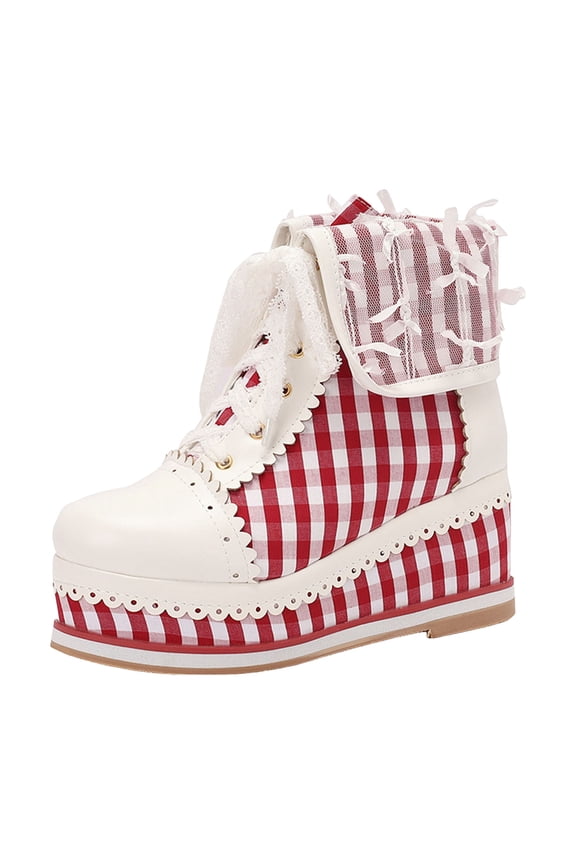 Cute Lolita Ankle Boots for Women Platform Wedge Hidden Heel Lace up Round Toe Cosplay Brogue Shoes
