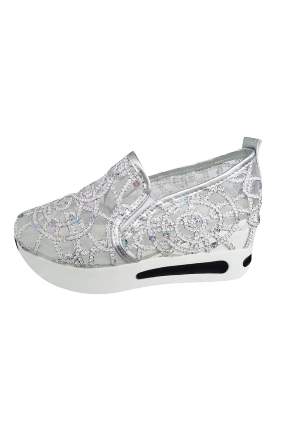 Floral Embroidery Breathable Sheer Mesh Sneakers for Women Lace Mesh Slip on Casual Platform Wedge Walking Shoes