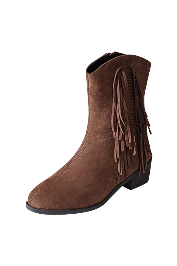 Fringe Boots for Women Block Wedge Heel Wide Calf V-Cut Short Ankle Booties Dressy Trendy Comfortable Boots
