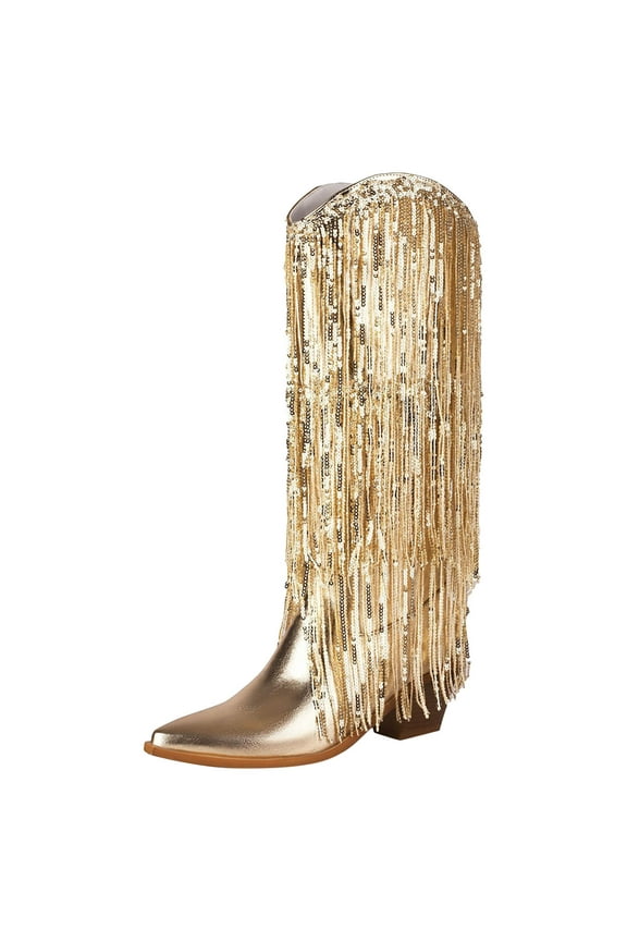 Fringe Cowboy Boots for Women Sparkly Metallic Cowgirl Boots Sequin Western Block Heel Mid Calf Boots