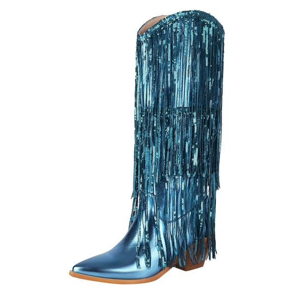 YLYL Fringe Cowboy Boots for Women Sparkly Metallic Cowgirl Boots Sequin Western Block Heel Mid Calf Boots