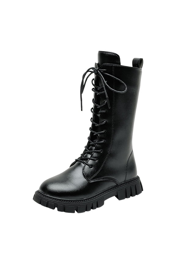 Girl's Mid Calf Combat Boots Lace-up Elastic Platform Boot with Side Zipper