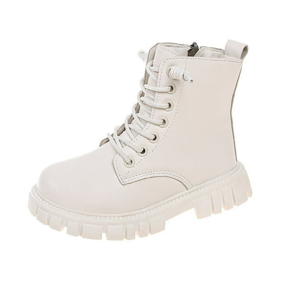 YLYL Girl's Leather Platform Combat Ankle Boots Lace up Lug Sole High Top Comfort Waterproof Non-Slip Casual Booties