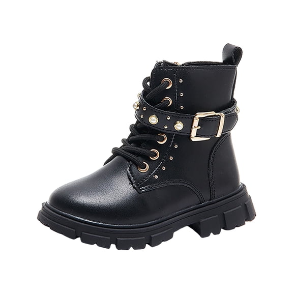 YLYL Girls Winter Snow Boots with Fur Lined Low Heels Non Slip Leather Combat Ankle Boots