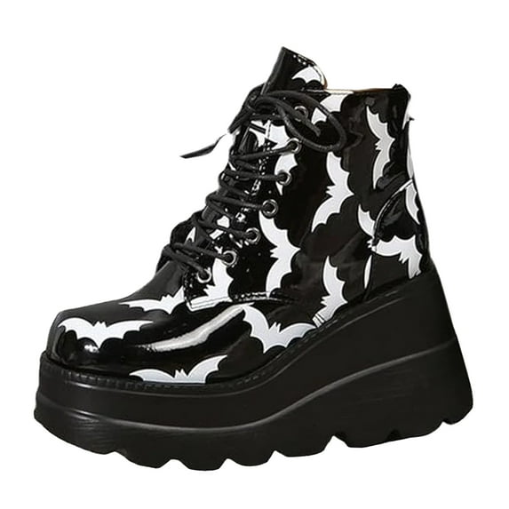 YLYL Halloween Boots for Women Bat Wings Lace-up Wedge Heel Short Boots Classic Comfortable Glossy High Heels Shoes