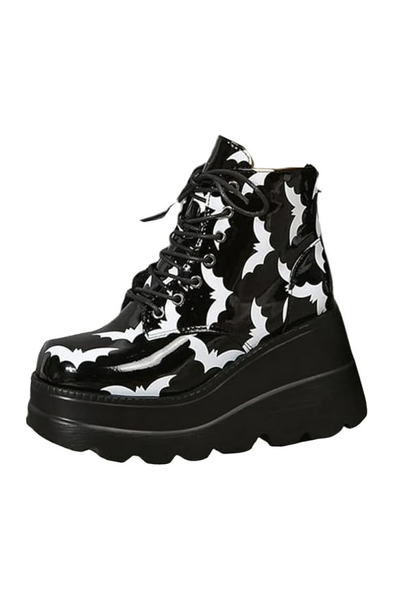 Halloween Boots for Women Bat Wings Lace-up Wedge Heel Short Boots Classic Comfortable Glossy High Heels Shoes