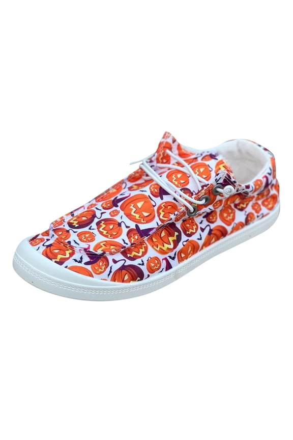 Halloween Canvas Sneakers for Women Skull Pumpkin Print Low Top Slip on Casual Flats Loafers