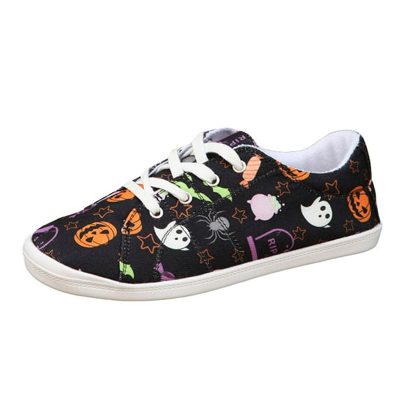 YLYL Halloween Shoes for Women Lace up Pumpkin Ghost Print Breathable Casual Slip on Walking Running Sneaker