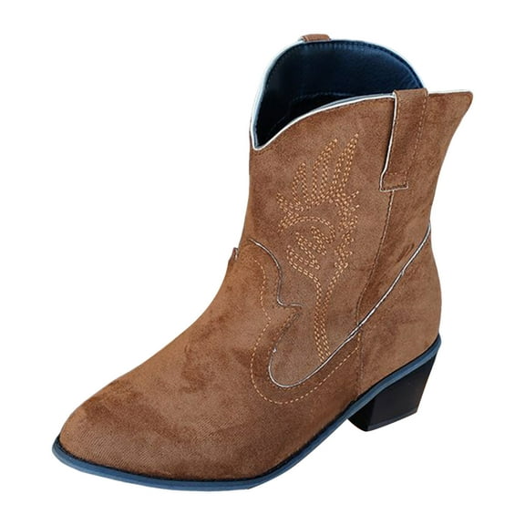 YLYL Halloween Suede Embroidery Cowboy Boots for Women Retro Pointed Toe Pull on Heel Western Cowgirl Classic Short Ankle Booties