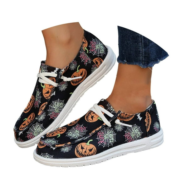 YLYL Halloween Women's Canvas Sneakers Skeleton Pumpkin Printed Low Top Lace up Fashion Casual Slip-On Walking Shoes
