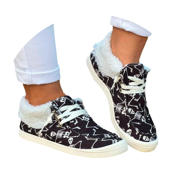 YLYL Halloween Women's Shoes Skeleton Printed Slip-on Lace up Warm Comfortable Fashion Casual Walking Shoes with Furry Fluffy Fur Lined