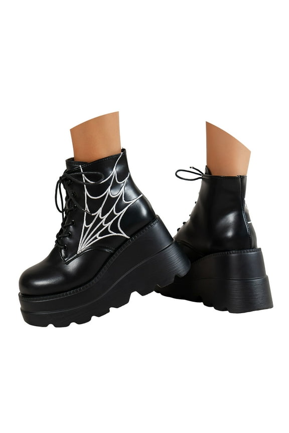 Halloween Womens Goth Ankle Booties High Heel Lace up Combat Boots Round-Toe Punk Motorcycle Wedge Platform Boots