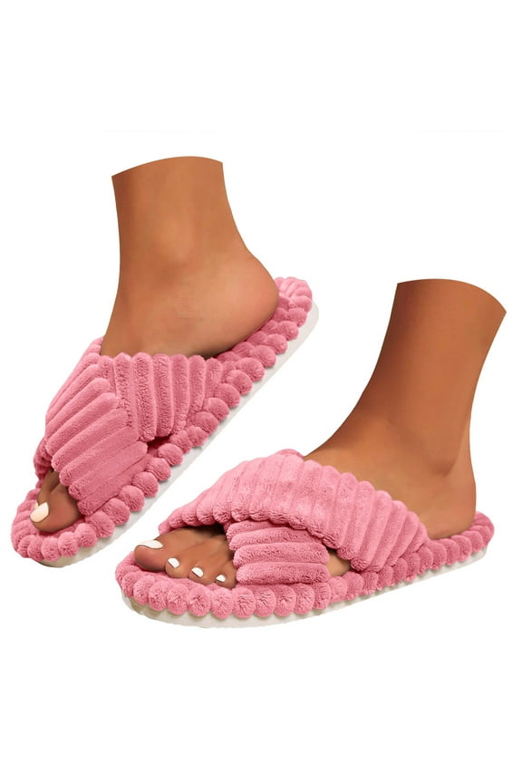 House Slippers for Women Open Toe Cross Band Soft Plush Memory Foam Slip on Indoor Outdoor Shoes