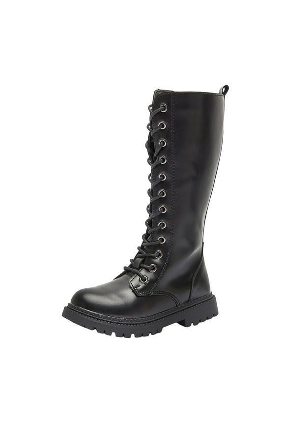 Kids Girls Boots Leather Lace-Up Zipper Mid Calf Combat Riding Boots Fashion Waterproof Winter Shoes