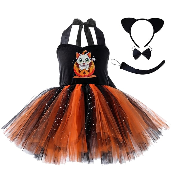 YLYL Kids Girls Halloween Costume Cute Kitty Pumpkin Print Halter Tutu Dress Set with Bow Tie Ears Tail