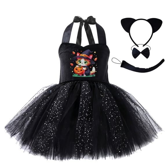 YLYL Kids Girls Halloween Costume Cute Kitty Pumpkin Print Halter Tutu Dress Set with Bow Tie Ears Tail